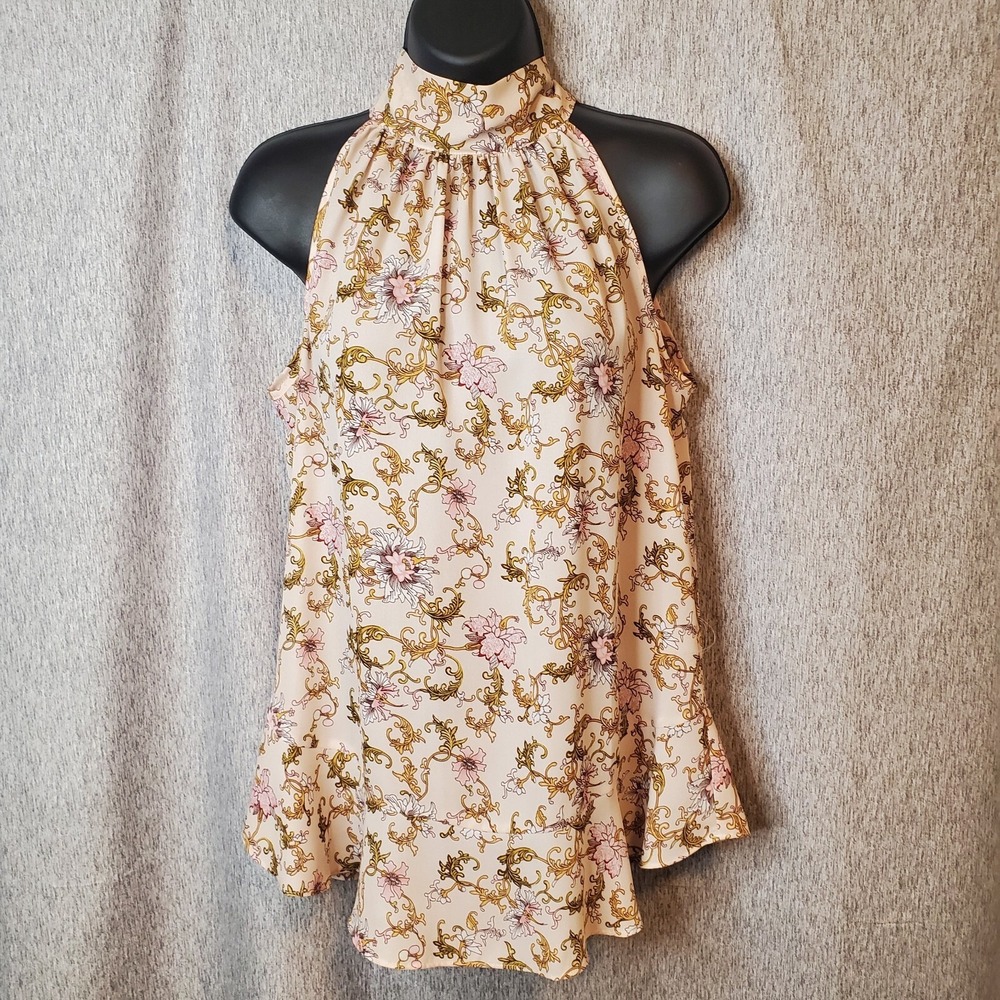 MAX STUDIO Halter Top Sz S Style Flowy‎ Blouse Filigree Vines Flowers Peach Pink